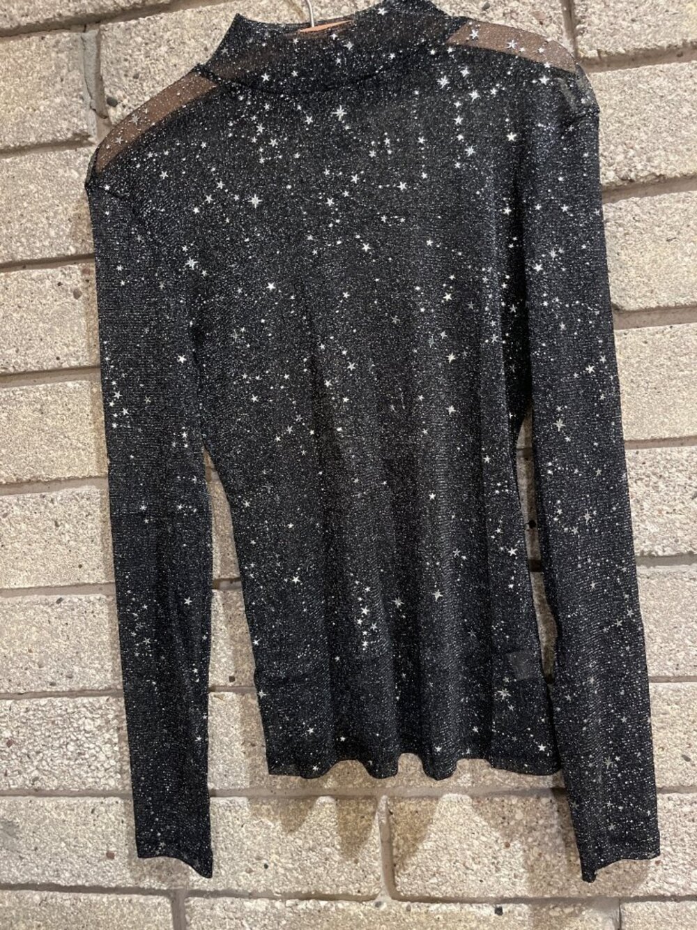 Black Glitter Star Long Sleeve Sheer Mesh Top With High Collar & Shoulder Detail